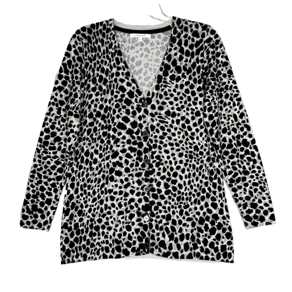 Foxcroft Sweater Womens Large White Black Leopard Cardigan Neutral Office Casual